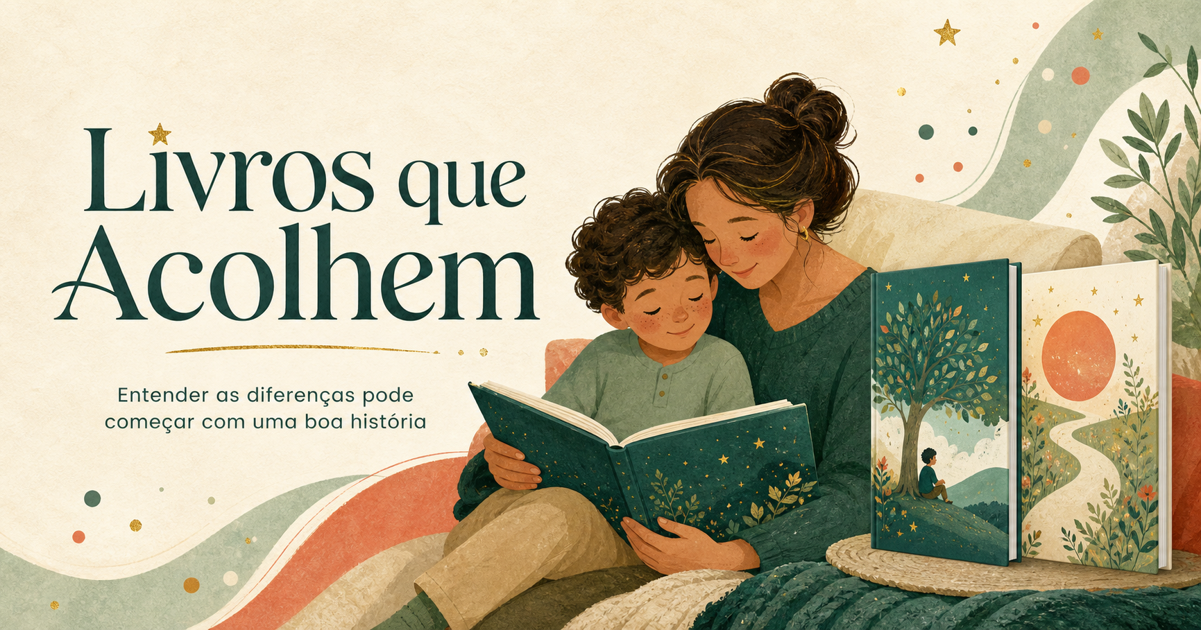 Livros que Acolhem: mãe e criança lendo juntas, com livros ilustrados ao lado